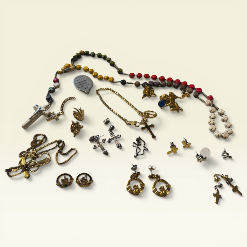Lot of 23 Catholic Christian Iconography, Pins, Earrings, & Rosary Necklaces